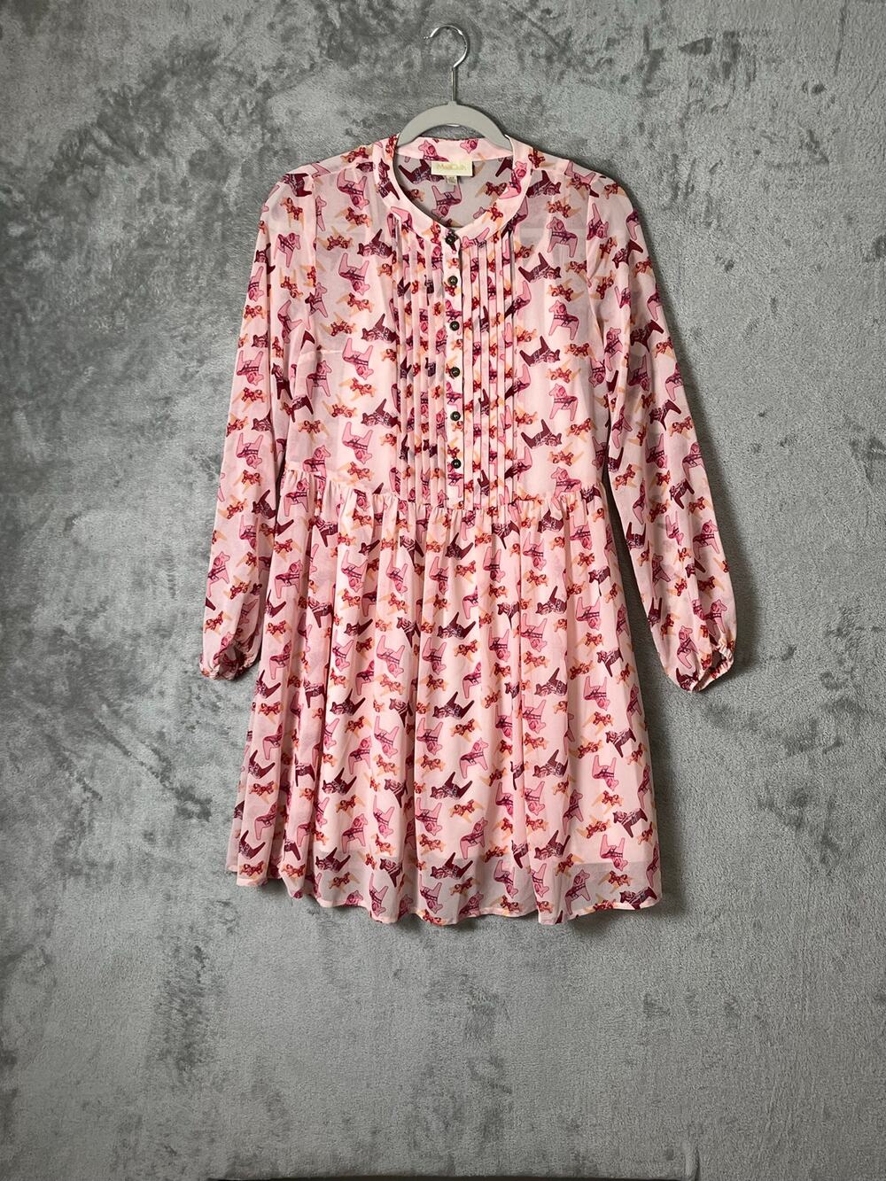 ModCloth Pink Carousel Horse Print Pintuck Long Sleeve Mini Dress XS Cottagecore